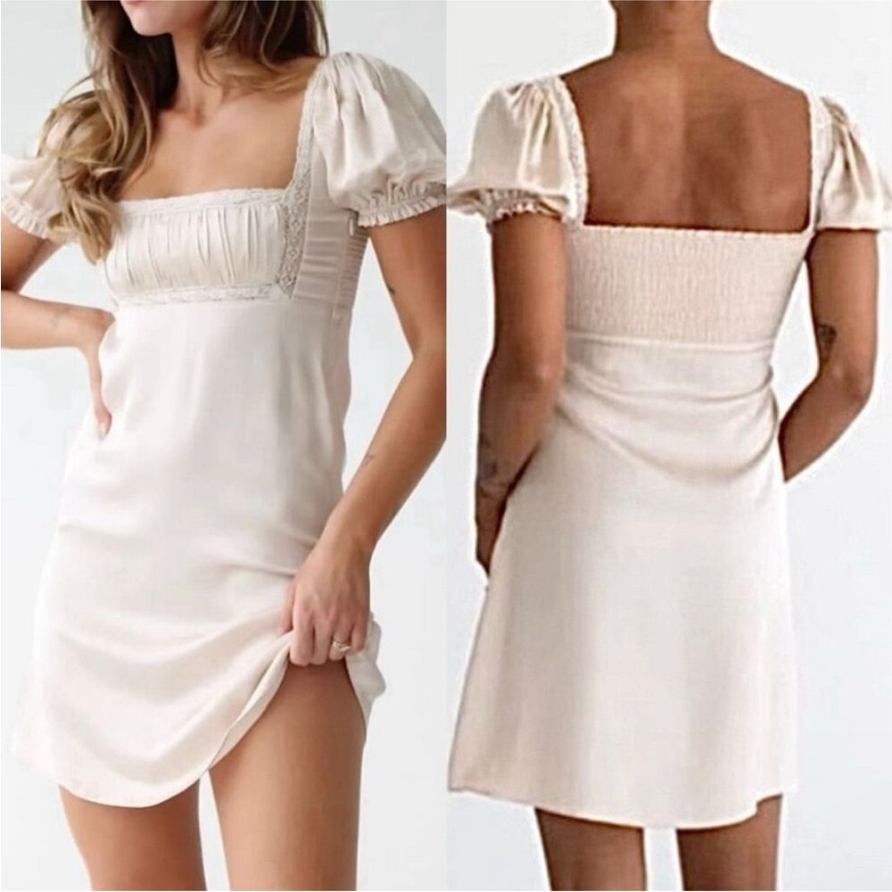 Rumored Napa Valley Mini Dress Dove LARGE Square Neck Lace Smocking NWT